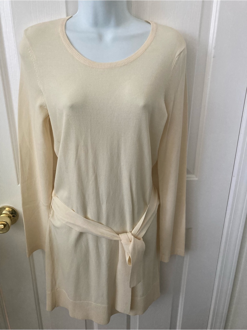 Daisy Fuentes Cream Knit Scoop Neck Sweater with Waist Tie